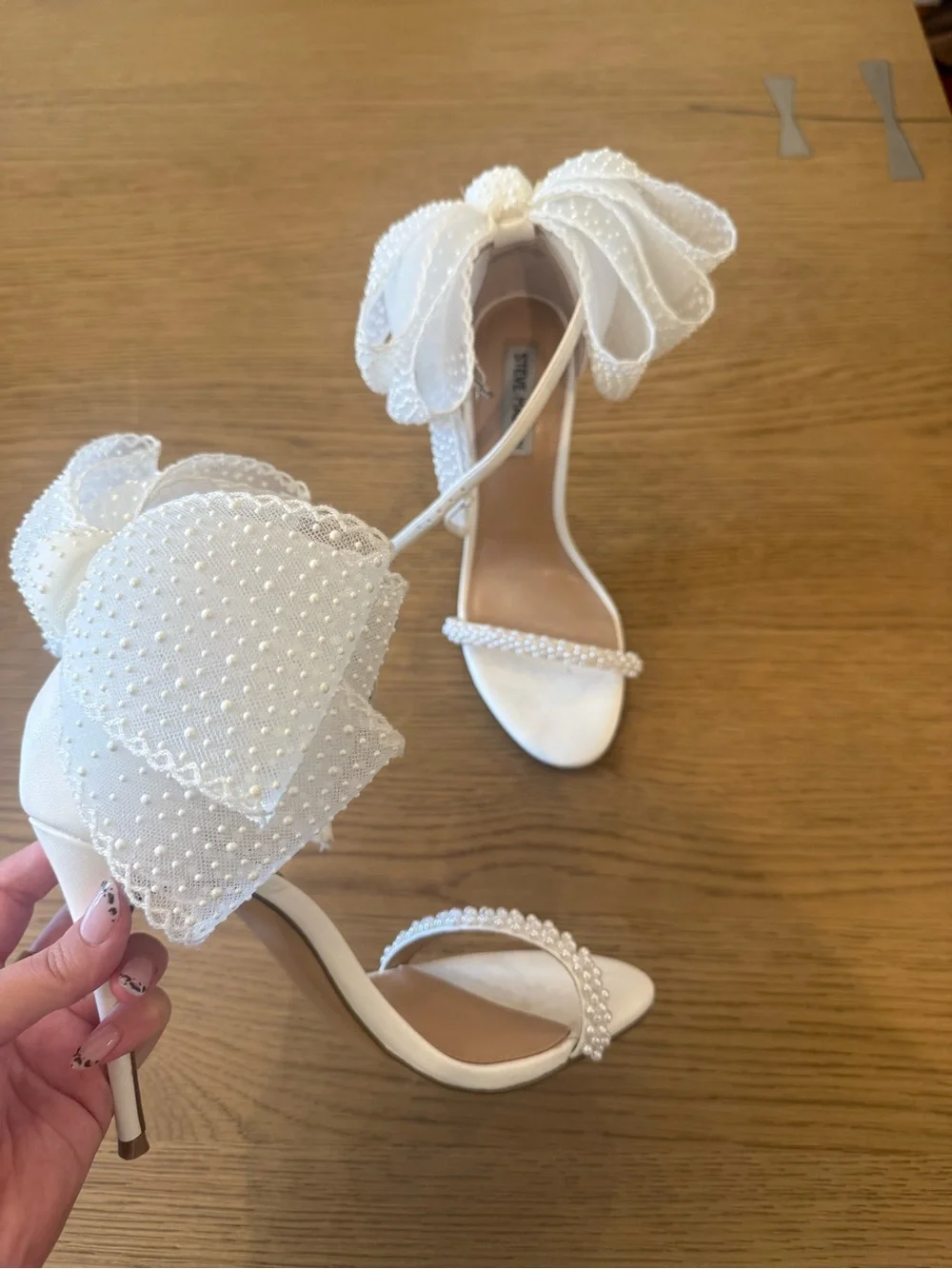 Steve Madden White Beaded Bow Ankle Strap Heels